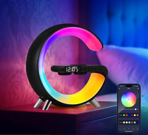 G-Shaped LED Lamp with Bluetooth Speaker and Wireless Charger