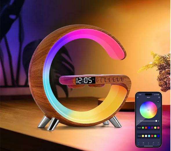 G-Shaped LED Lamp with Bluetooth Speaker and Wireless Charger