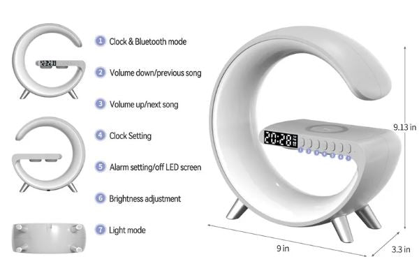 G-Shaped LED Lamp with Bluetooth Speaker and Wireless Charger